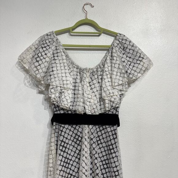Les Wilk White Lace Ruffle Overlay Velvet Belted 70's Maxi Dress Sz M - Picture 6 of 11